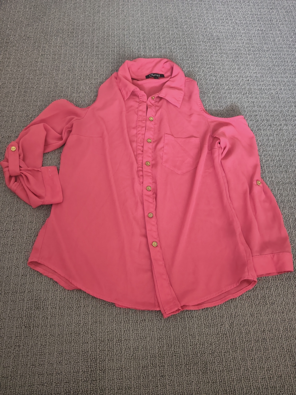 Cold-Shoulder Button-Down Shirt - Red